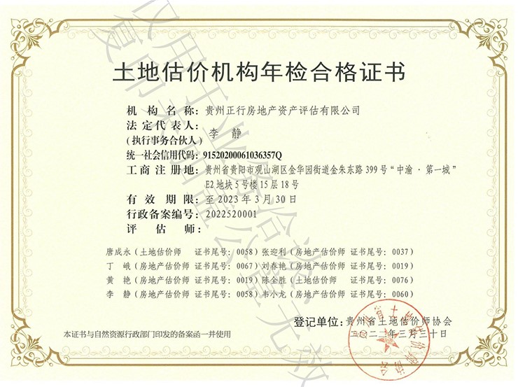 土地評(píng)估機(jī)構(gòu)年檢合格證書(shū)